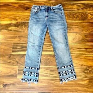 Driftwood Light Blue Straight Leg Jeans w/ Embroidered, Distressed Hem, size 27S